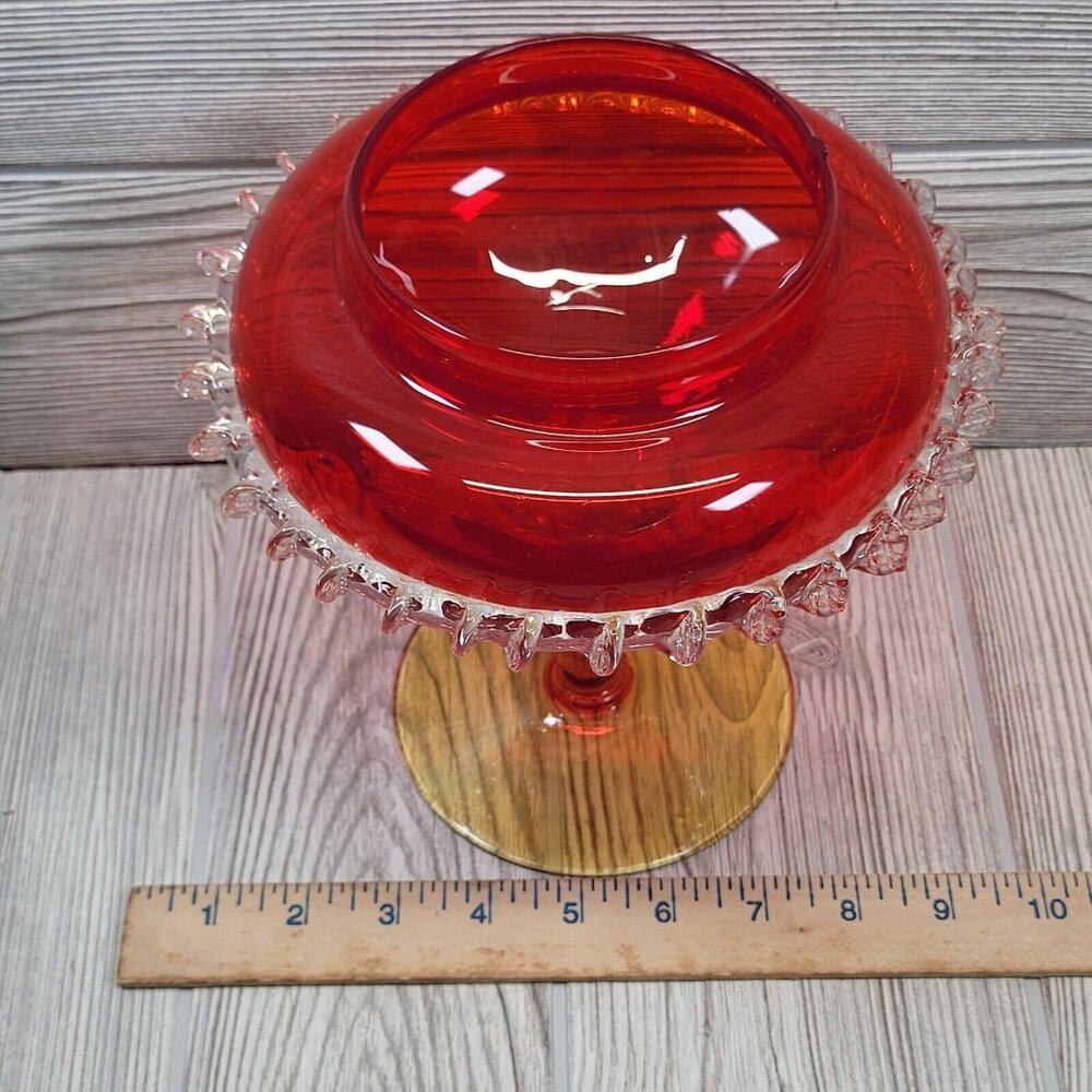 Vintage Ruby Red‎ Art Glass Pedestal Compote Bowl Clear Ruffled Edge 7.5 Inch - Picture 13 of 13
